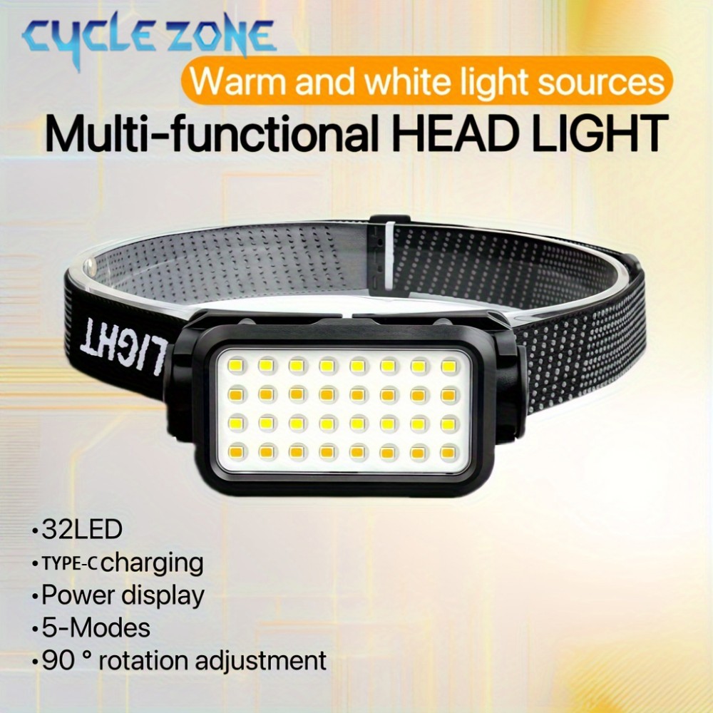 Outdoor Adventure Walks - ไฟหน้าแบบชาร์จไฟได้พร้อม 32 LED 5 โหมดไฟหน้าแบบปรับได้แบบพกพาสําหรับการผจญภัยกลางแจ้งในเวลากลางคืนตกปลาเดินเดินป่า