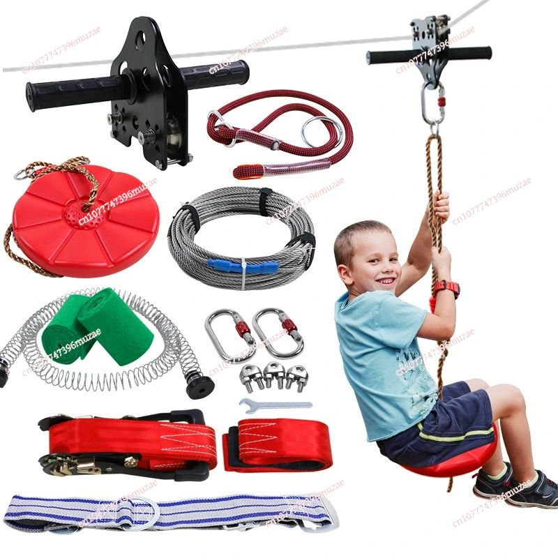 Outdoor Adventure Ziplines & Waterfall - ชุดซิปไลน์สำหรับเด็ก สายเคเบิลเหล็กพร้อมรอกมือหมุนและที่นั่งแบบแกว่ง อุปกรณ์เล่นผจญภัย DIY สำหรับสนามหลังบ้าน
