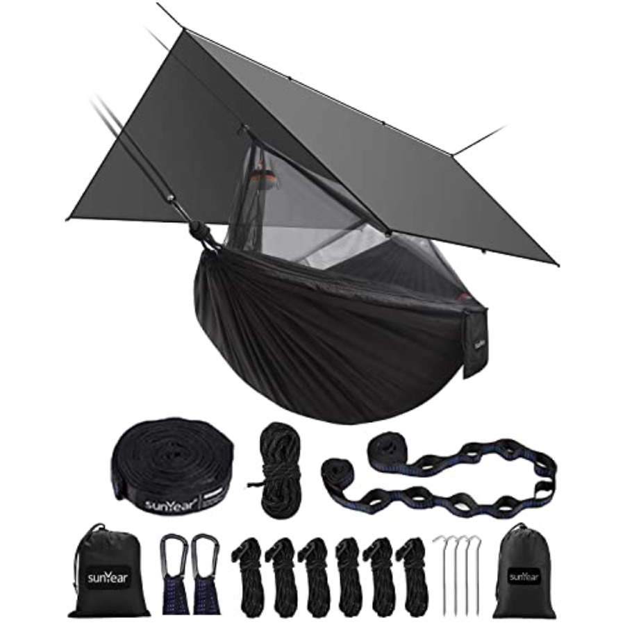 Hammock Rain Tarp - เปลญวนพกพาสำหรับตั้งแคมป์ พร้อมผ้าคลุมกันฝนและมุ้ง สำหรับใช้งานกลางแจ้งและในร่ม กันน้ำ 100% เปลญวนแบบคู่พร้อมสายรัดต้นไม้
