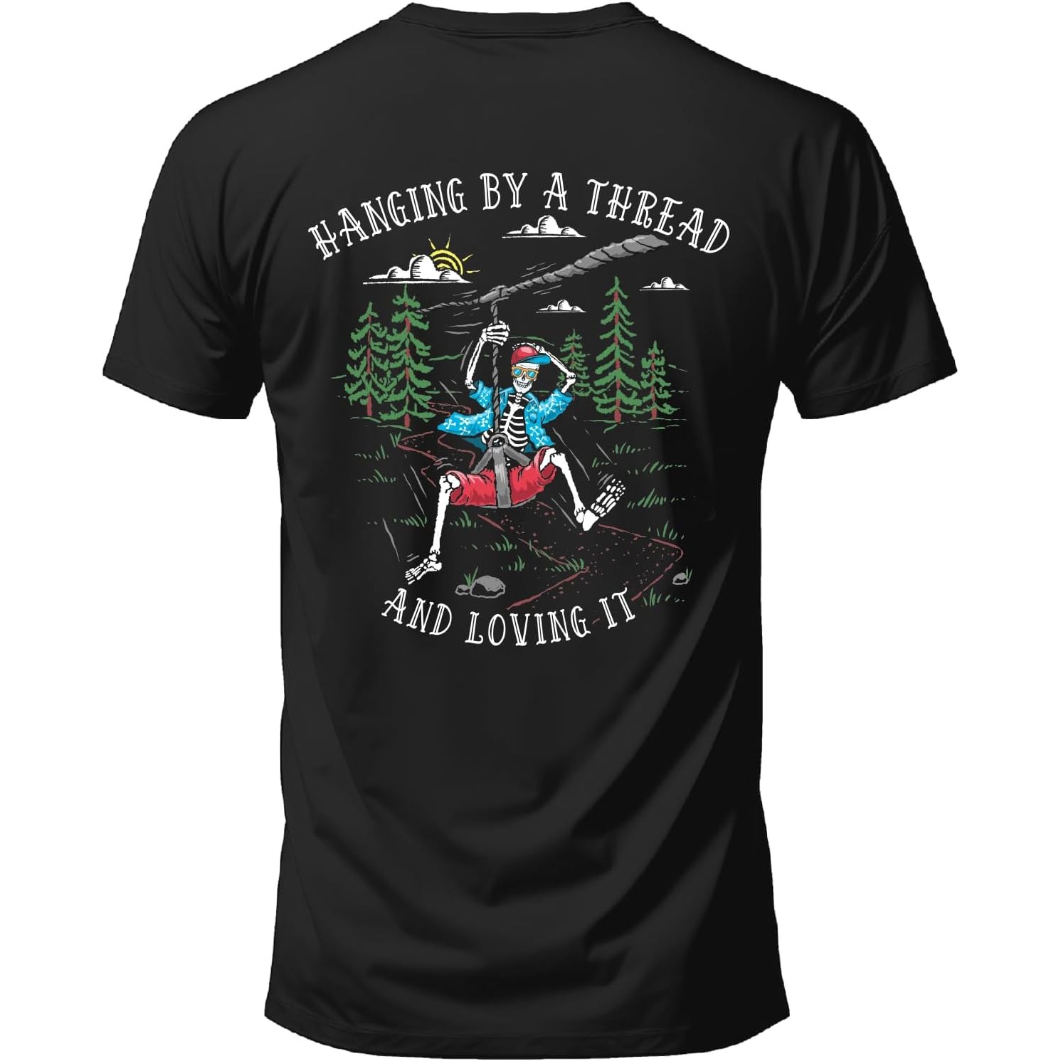 Outdoor Adventure Ziplines & Waterfall - เสื้อยืดกราฟิกลายโครงกระดูกแขวนอยู่ด้วยเส้นด้าย เสื้อยืดผู้ชายสไตล์วินเทจสำหรับการผจญภัยกลางแจ้ง