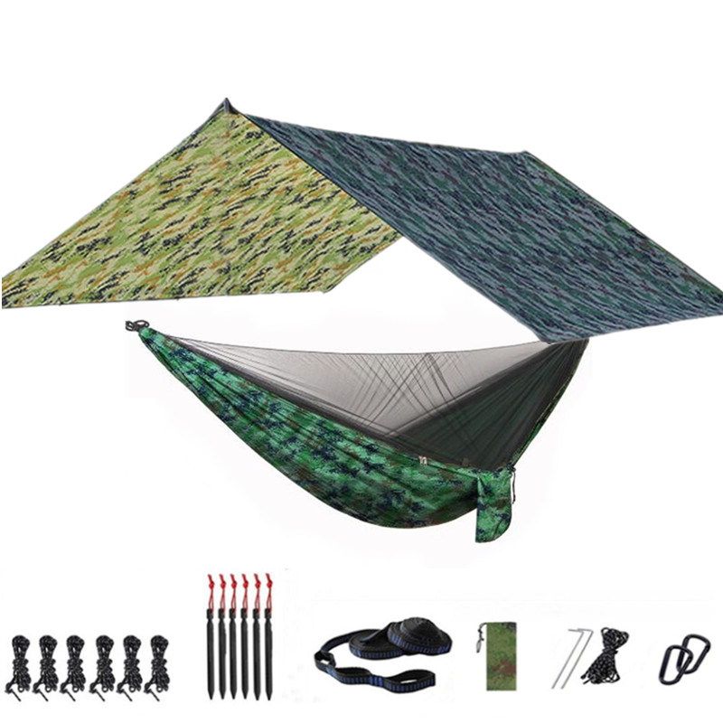 Hammock Rain Tarp - เปลญวนแคมป์ปิ้งพร้อมผ้าใบกันน้ํา Rain Fly และสุทธิ, เปลญวนแคมป์ปิ้งแบบพกพาเปลญวนต้นไม้กลางแจ้งในร่มแบกเป้การเดินทางและการอยู่รอด
