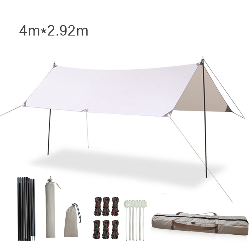 Hammock Rain Tarp - ผ้าใบกันฝนสำหรับเปลญวนขนาด 400*292 ซม. พร้อมเสาและอุปกรณ์คุณภาพสำหรับการเดินทางแบบแบ็คแพ็ค
